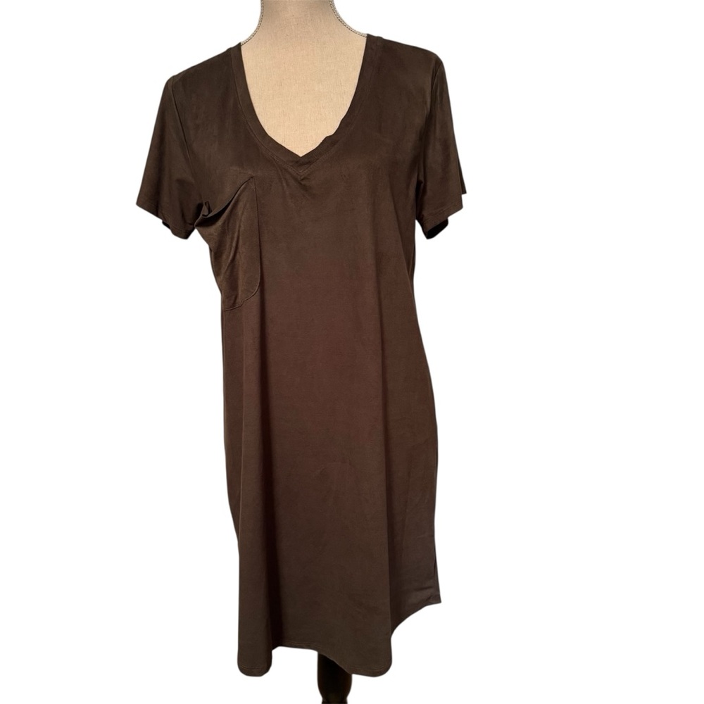 Z SUPPLY DRESS SHIFT OLIVE GREEN FAUX SUEDE SHORT SLEEVE V-NECK SIZE M